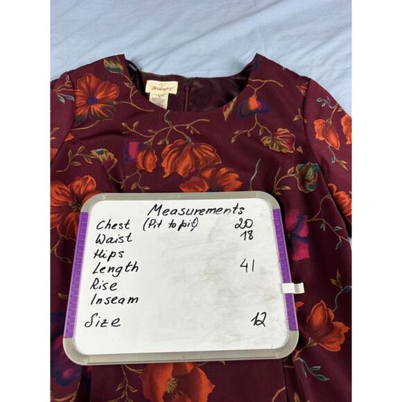 Worthington Vintage Floral Print Shift Dress Burgundy Size 12 Short Sleeve - Picture 4 of 6